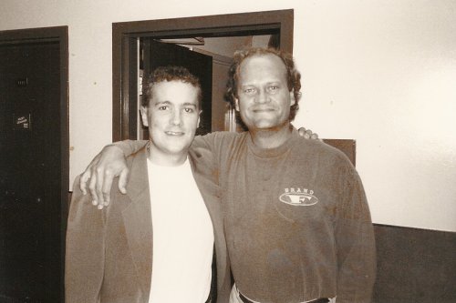 Kelsey Grammer (r) and John Uppendahl (l) backstage at the debut of The Tonight Show with Jay Leno on May 25, 1992.