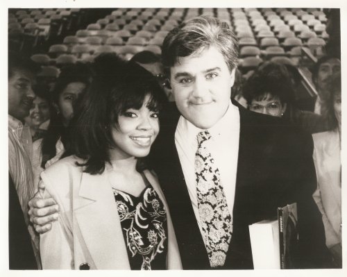 Jay Leno (r) and his first musical guest, Shanice Wilson (r) after the debut of The Tonight Show with Jay Leno on May 25, 1992.  Photo by John Uppendahl.